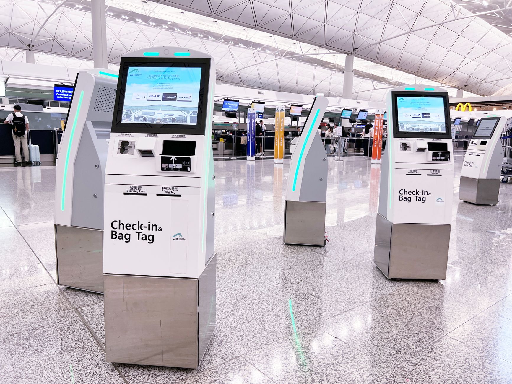 traveler completing digital customs form airport kiosk with small dog carrier