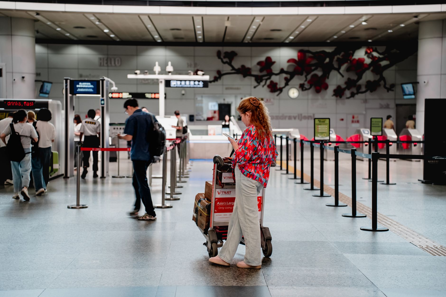 traveler with pet carrier checking in at airport counter