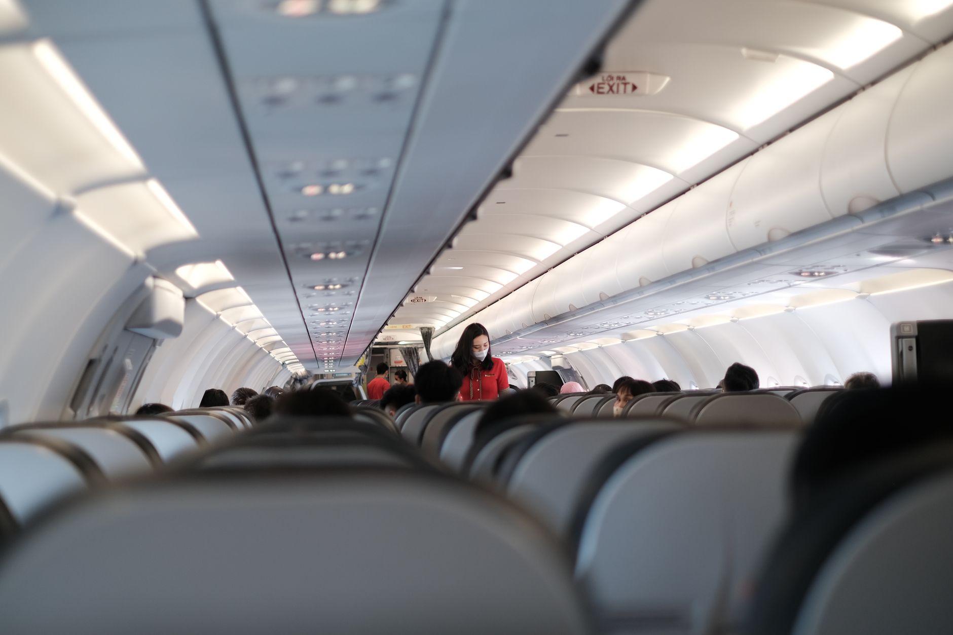 passenger boarding airplane with small dog in cabin travel bag