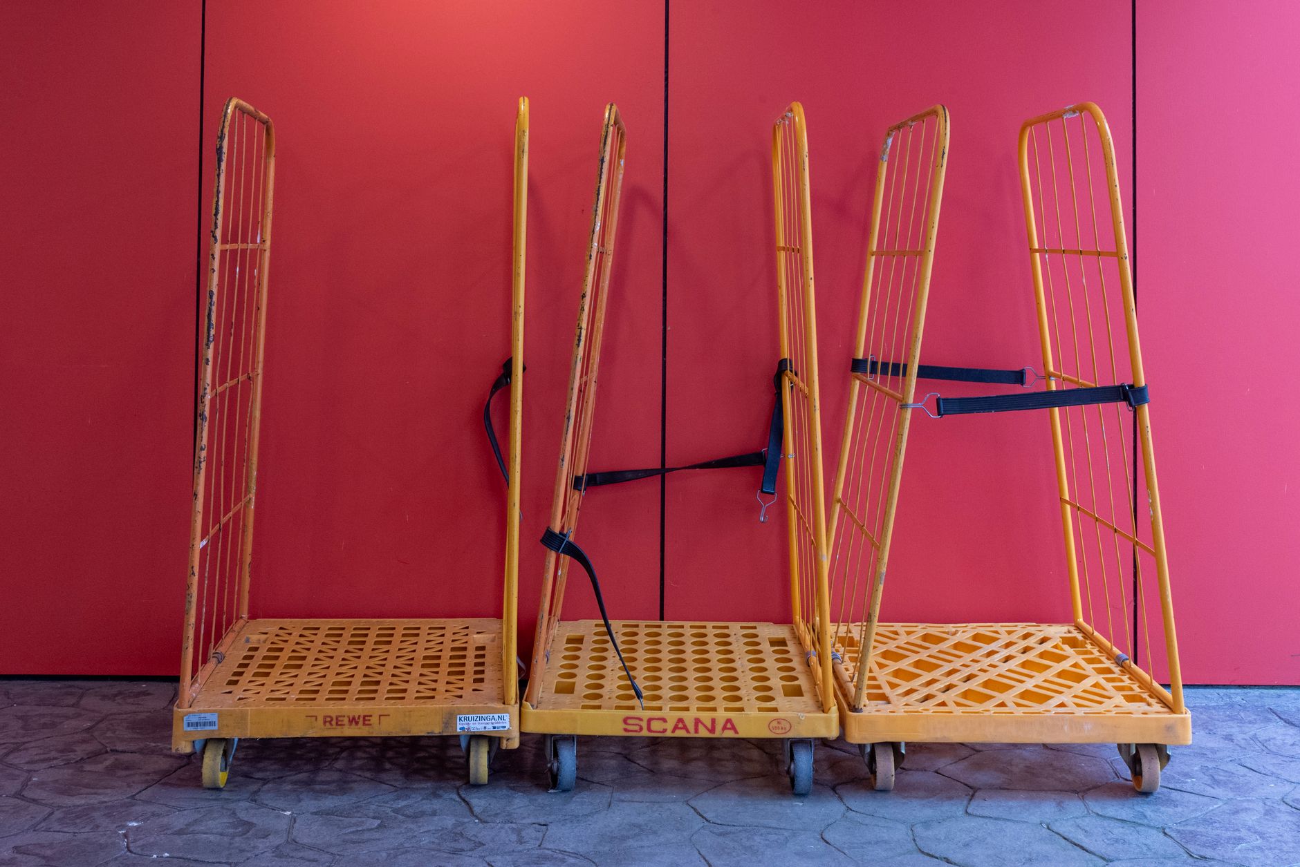 plastic pet travel kennel on airport cargo trolley
