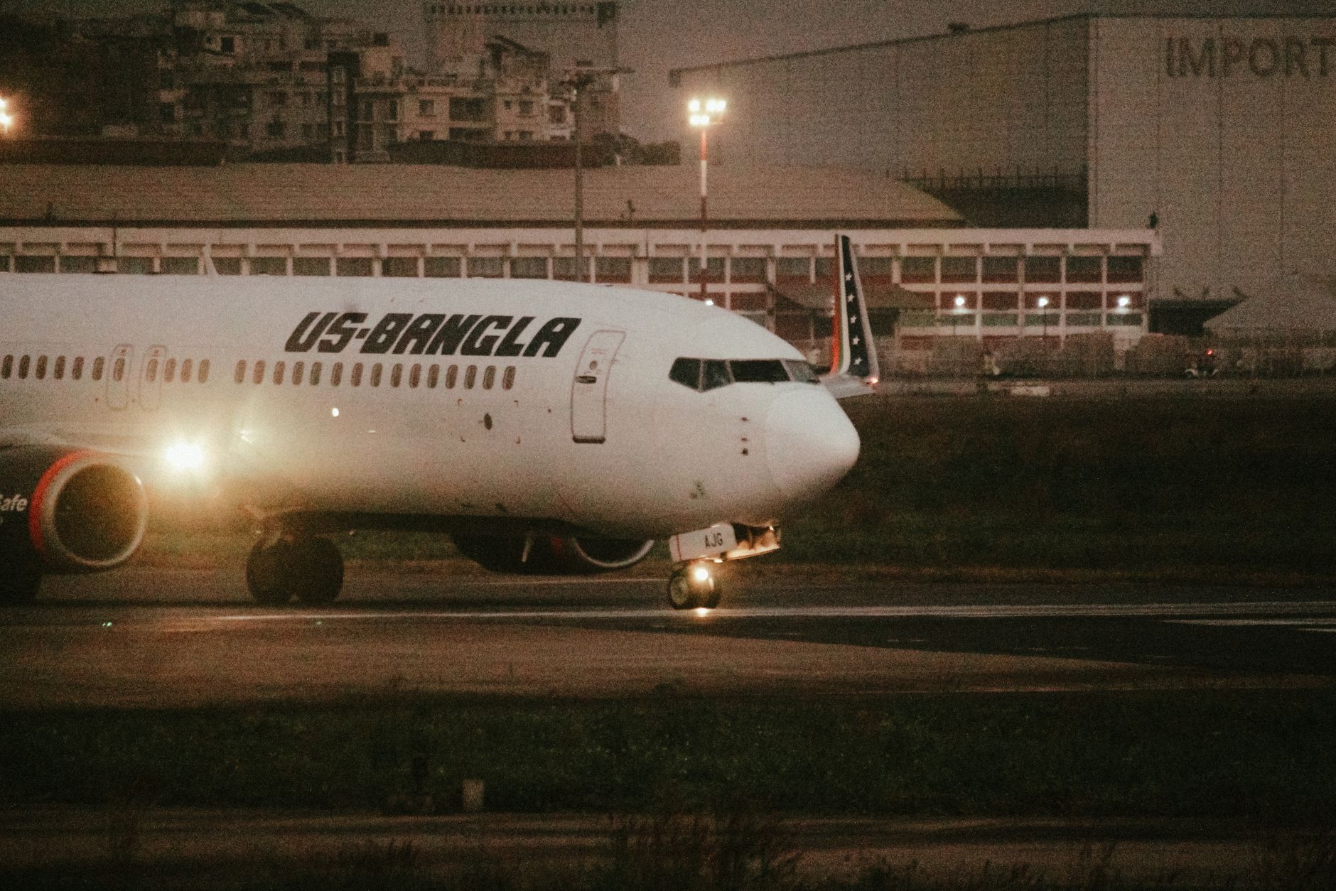 dog in rigid airline cargo crate on airport tarmac at dusk