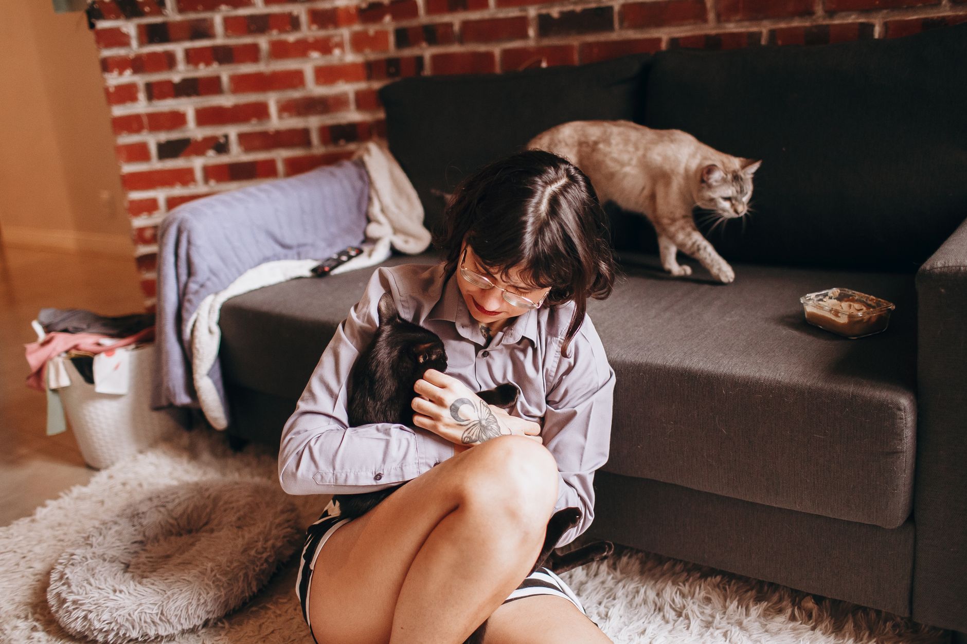 woman sliding soft mesh pet carrier with cat under airplane seat