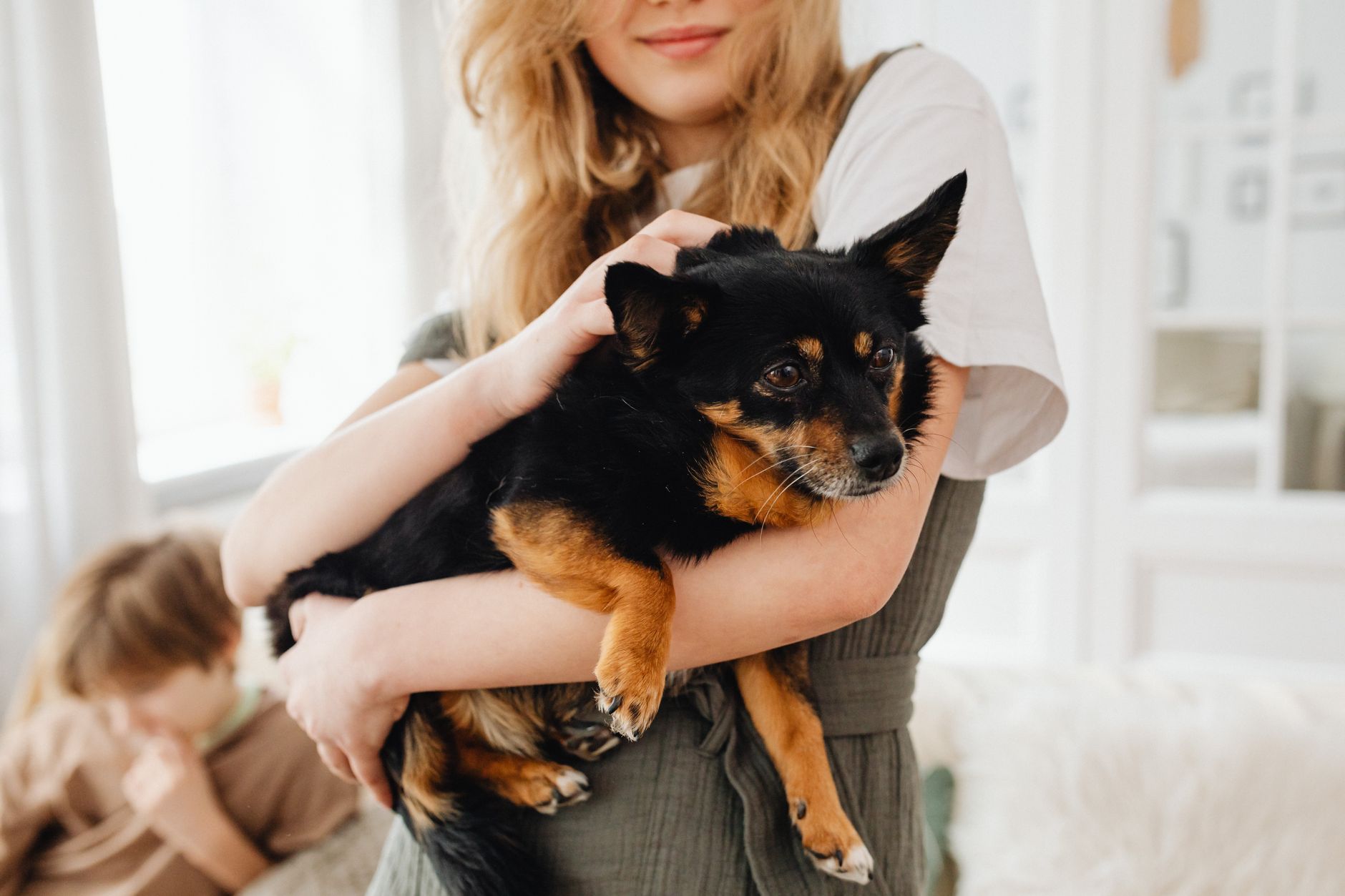 woman carrying small dog in soft pet carrier through airport terminal
