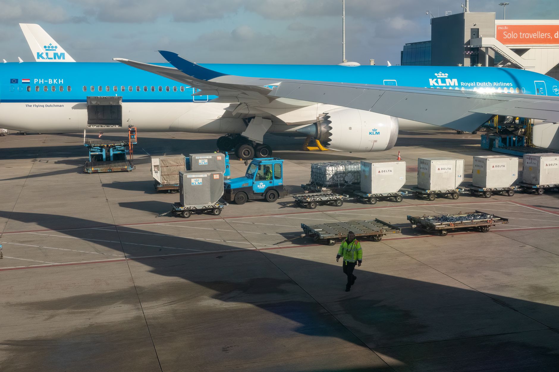 airline cargo staff loading pet carrier crate onto airplane