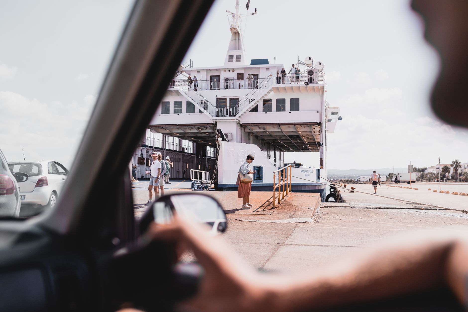 Rosslare ferry terminal cars boarding with pet dogs