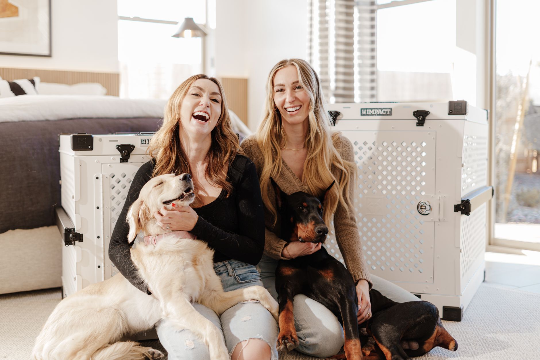 golden retriever crate loaded into family SUV driveway