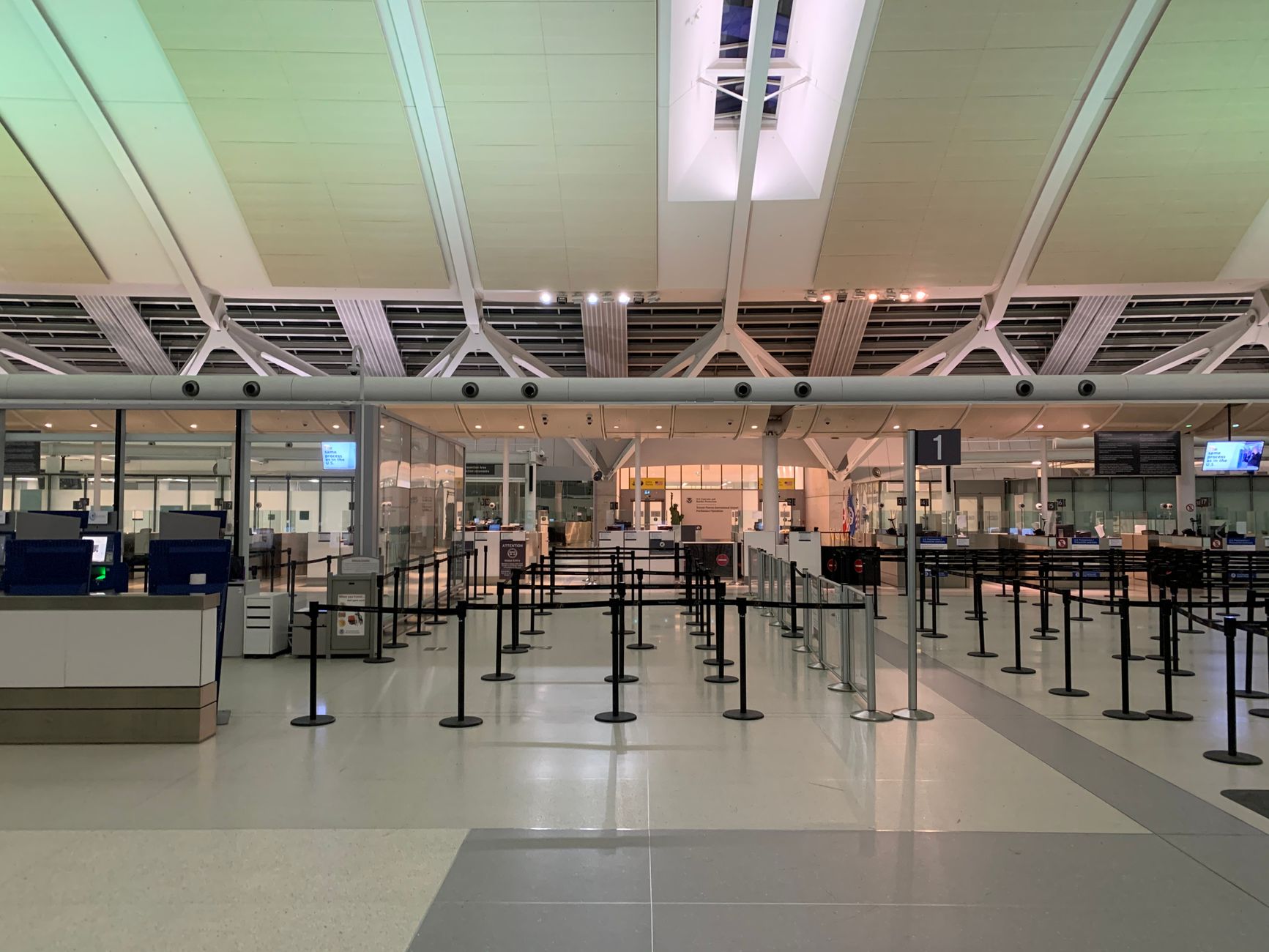 traveler holding leashed dog beside airport security checkpoint bins