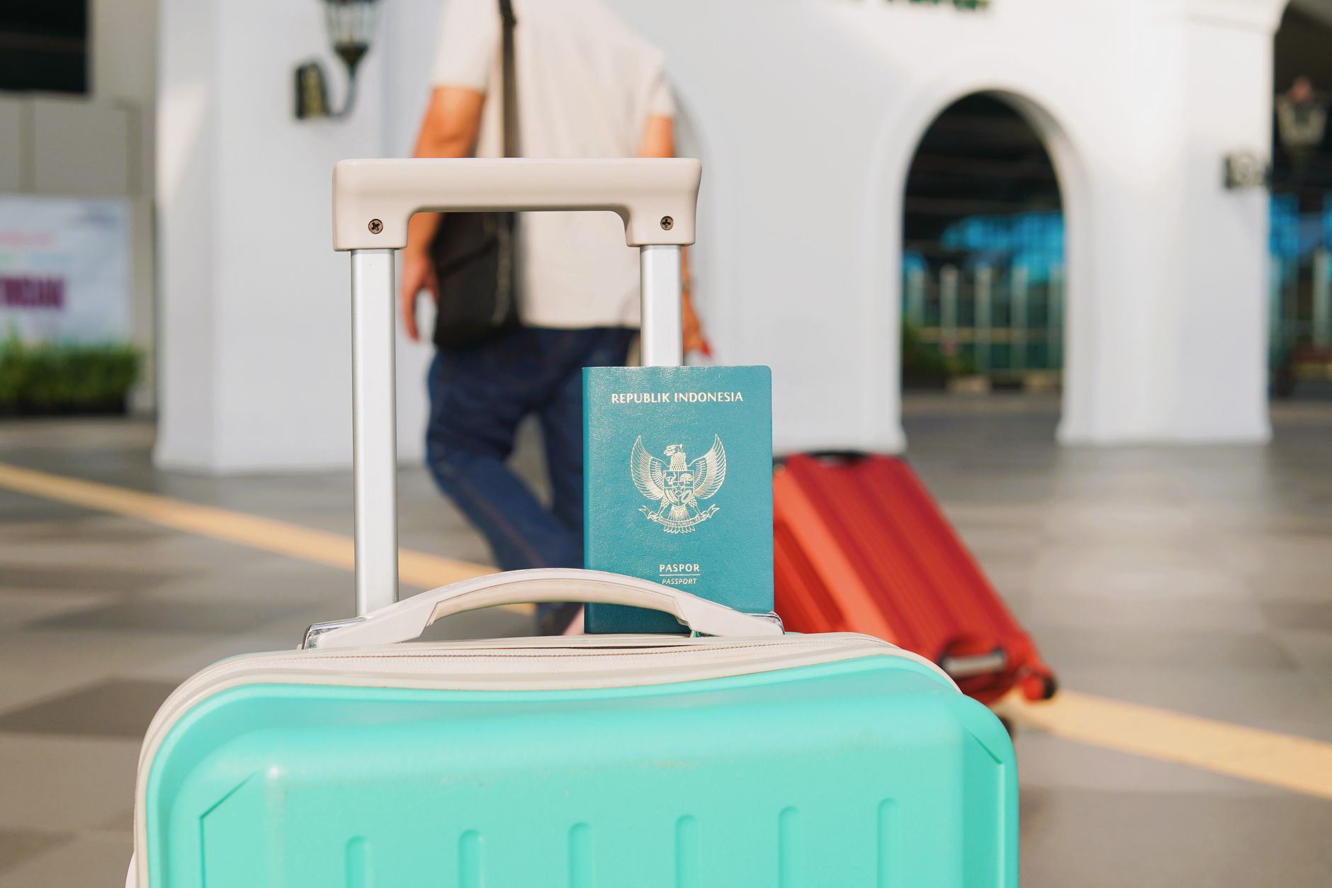 dog in travel carrier next to passport and documents on airport floor