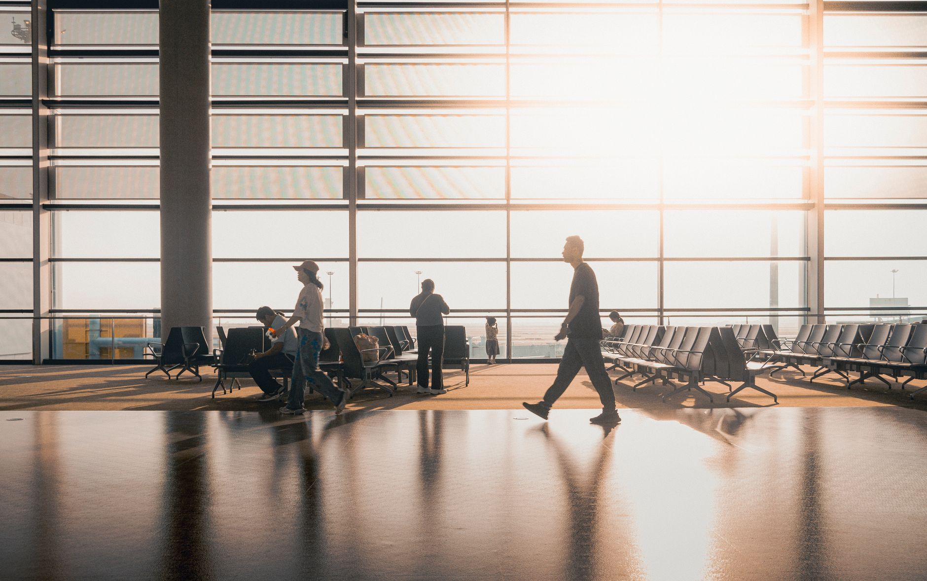 woman holding dog travel crate in airport terminal window light