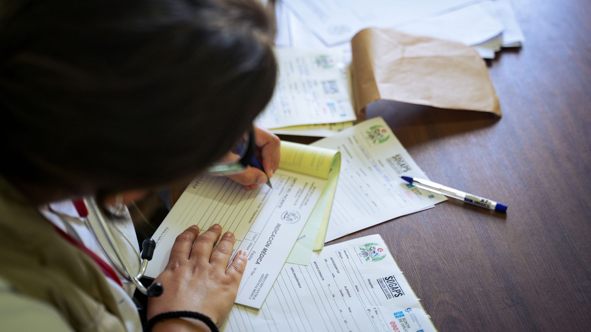 veterinarian signing health certificate paperwork at clinic desk