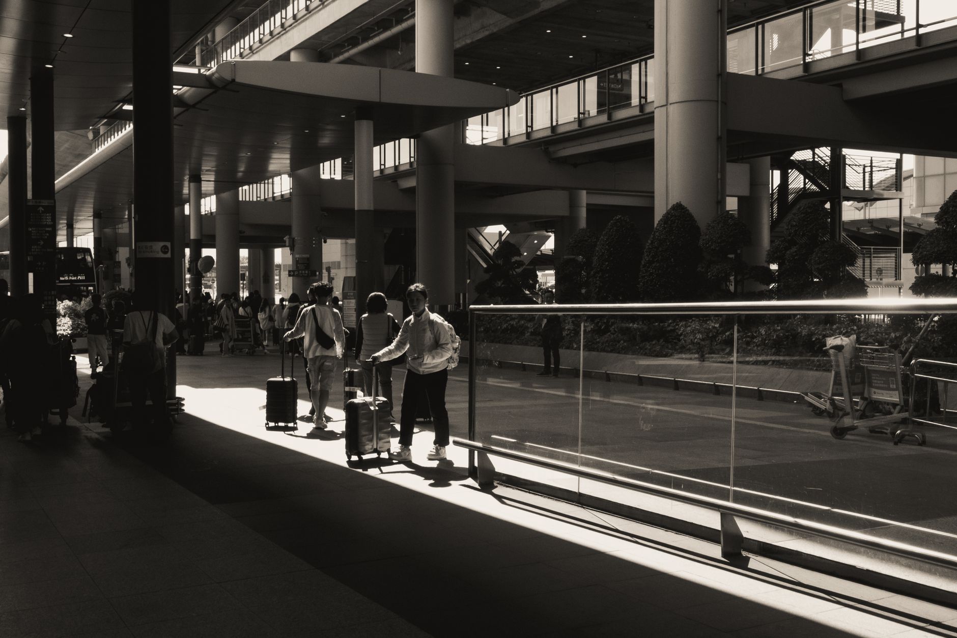 family with dog carrier at international airport departure terminal