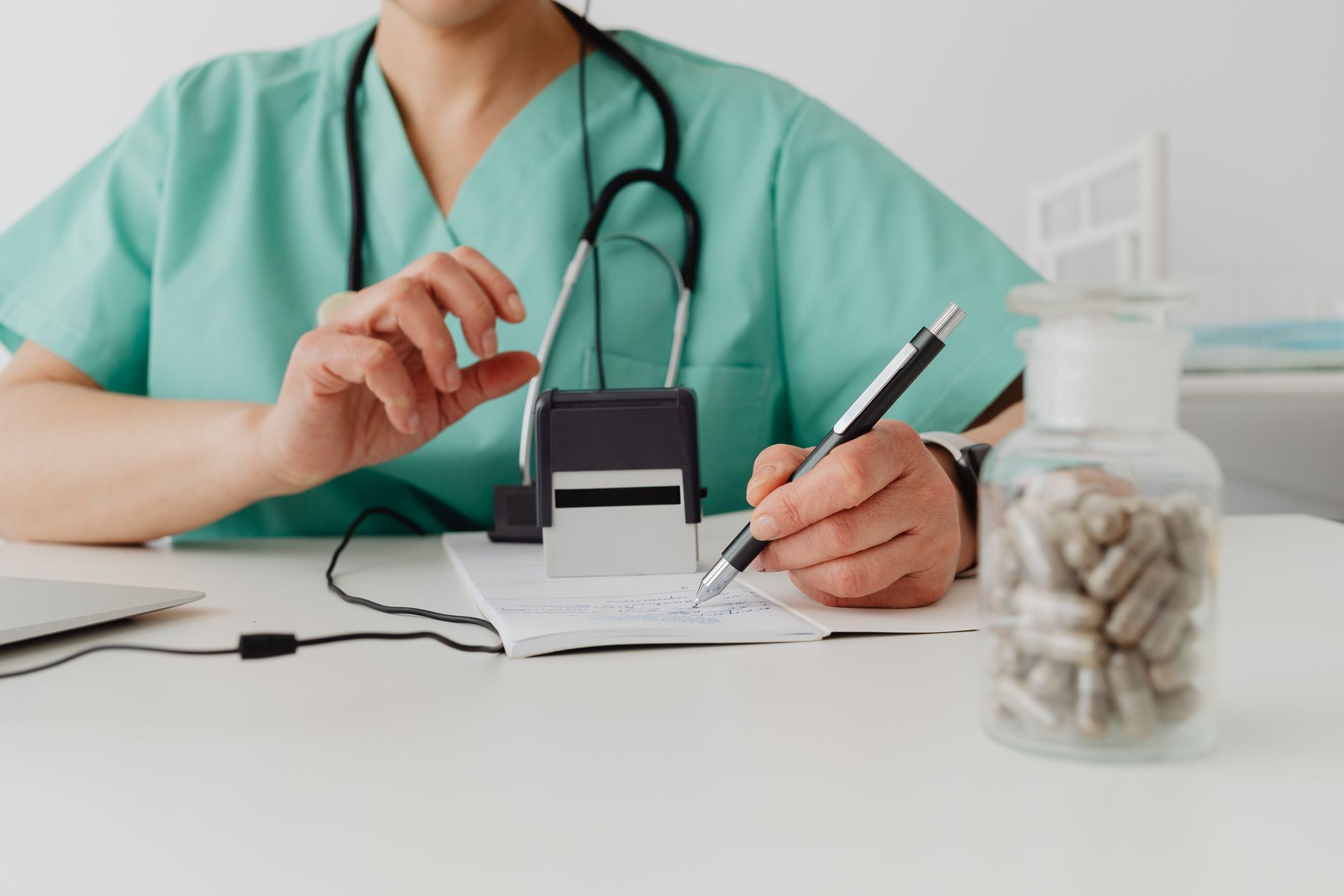 authorised veterinarian stamping EU pet passport booklet at clinic desk