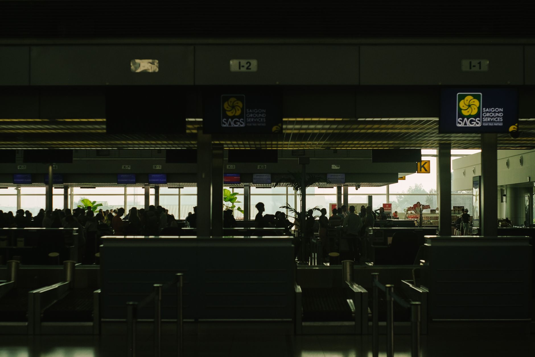 cat in mesh pet carrier at crowded airport ticket counter check-in
