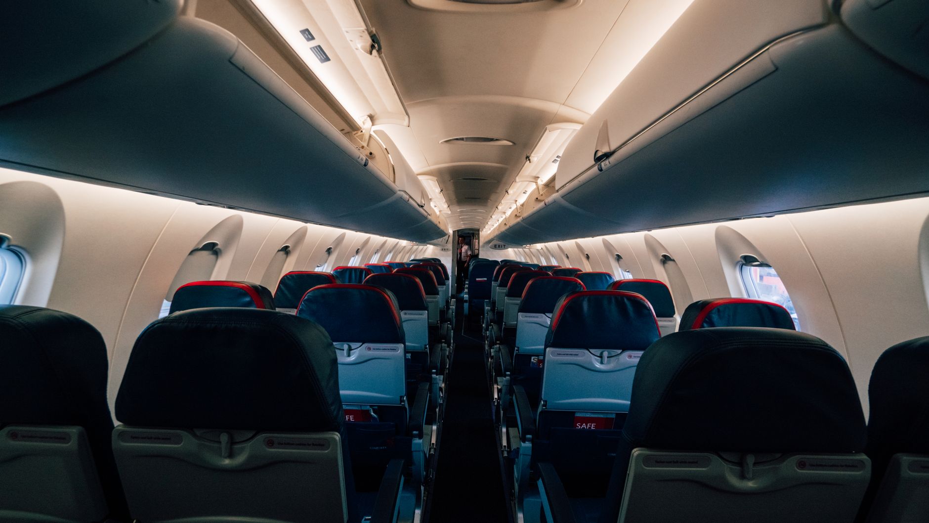 small dog inside airline cabin soft pet carrier aisle