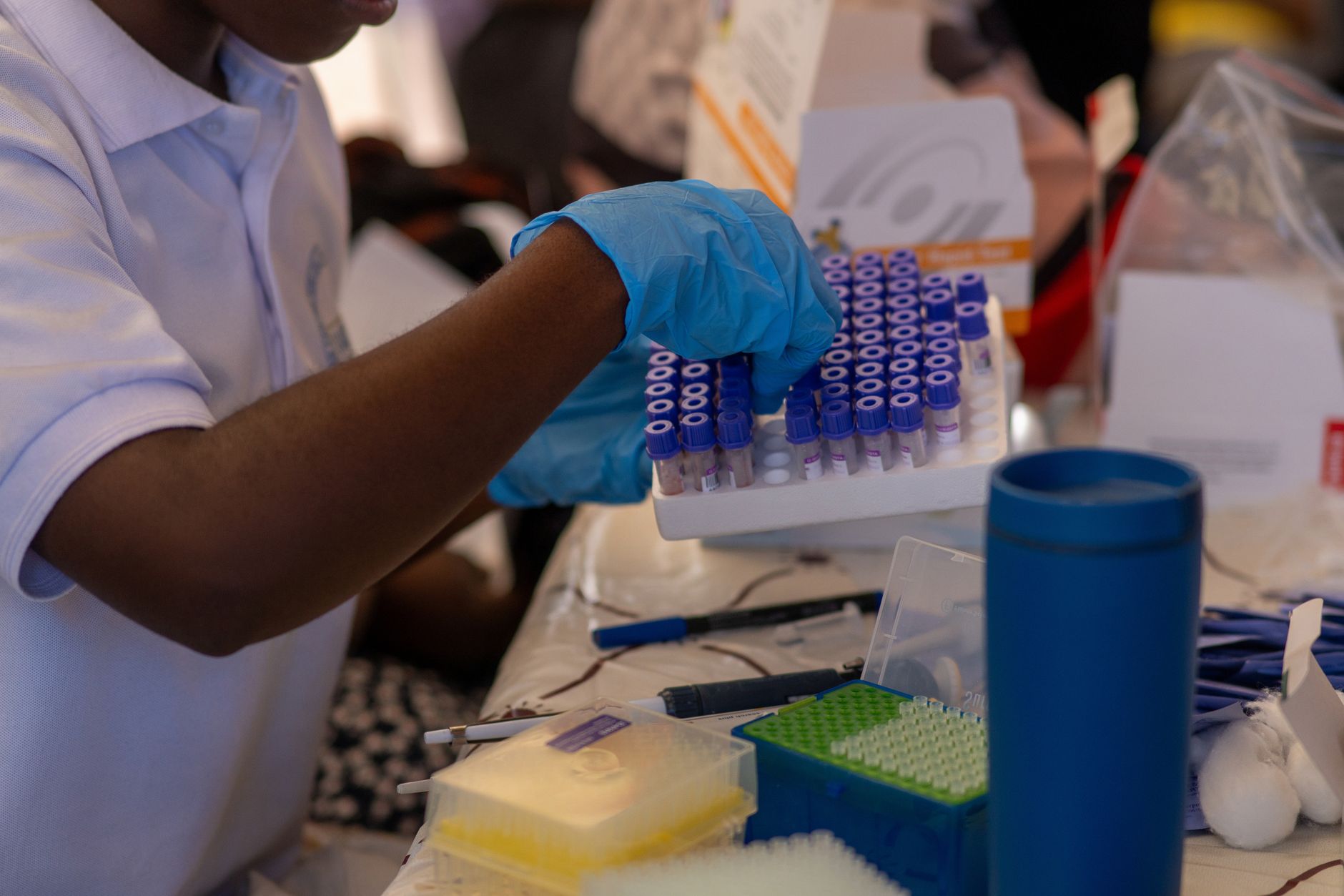 laboratory technician pipetting blood serum sample vials