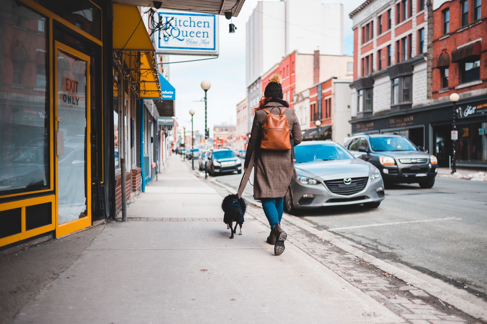 woman carrying dog backpack carrier walking city street